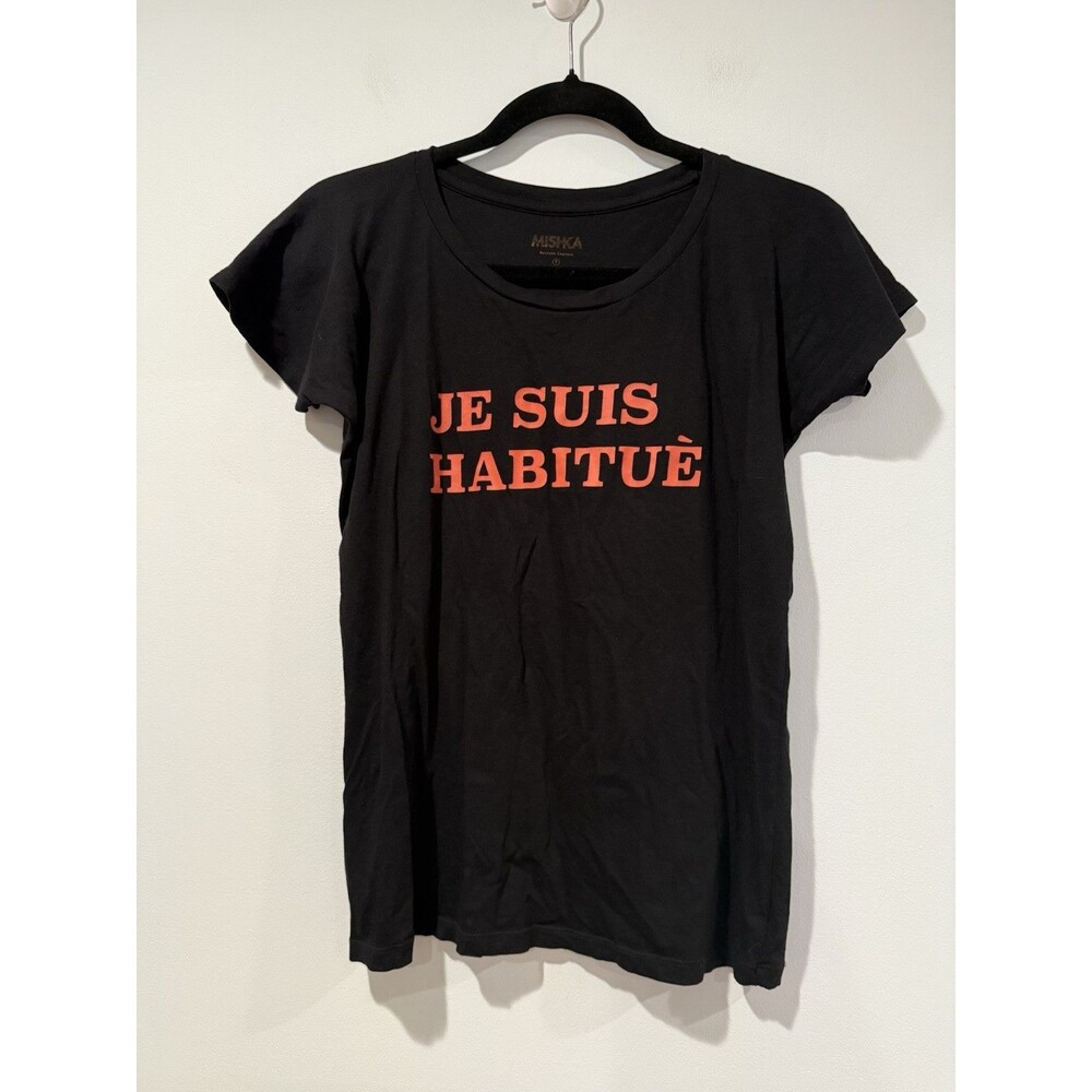 Mishka 'Je Suis Habitue' Top Womens 2 Black 100% Cotton Tee French Graphic